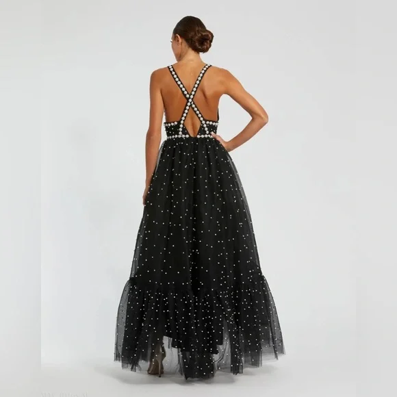 NWT $698 MAC DUGGAL Black Pearl Beaded High Low Gown Dress Tulle 20747 - Picture 3 of 5